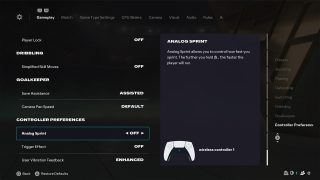 Gameplay Settings screen from FC 26, wherein the Analog Sprint setting is selected and toggled off, alongside a description.