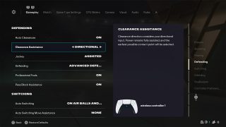 Gameplay Settings screen from FC 26, wherein the Clearance Assistance setting is selected and set to "Directional" alongside a description.