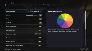 Accessibility Settings screen from FC 26, wherein the Colour Blindness setting is selected and set to Protanopia, alongside a reference colour-wheel.