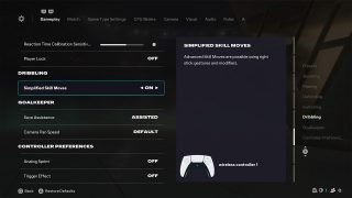 Gameplay Settings screen from FC 26, wherein the Simplified Skill Moves under Dribbling Assistance setting is selected and toggled on, alongside a description.