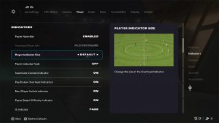 Visual Settings screen from FC 26, where the Player Indicator Size setting is selected and set to Default.