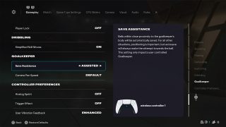 Gameplay Settings screen from FC 26, wherein the Save Assistance setting is selected and set to "Assisted", alongside a description.