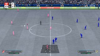 Preview of gameplay in FC 26's high contrast mode, where blue and pink players are shown against a grayscale pitch.