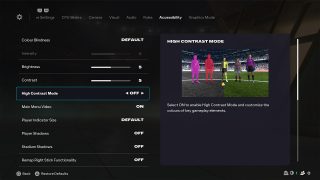 Accessibility Settings screen from FC 26, where the High Contrast Mode setting is selected and toggled off., alongside a preview showing a visual comparison and description.