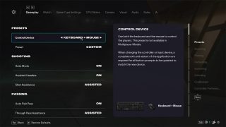 Gameplay Settings screen from FC 26, wherein the Control Device is set to "Keyboard plus Mouse", alongside a description of the setting.