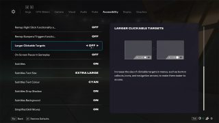 Accessibility Settings screen from FC 26, wherein the Larger Clickable Targets setting is selected and toggled off, alongside a description.
