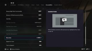 Accessibility Settings screen from FC 26, where the Narration setting is selected and toggled on, alongside a description.