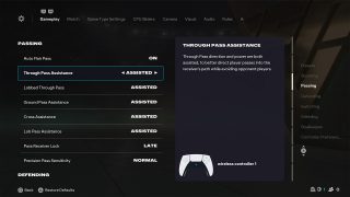 Gameplay Settings screen from FC 26, wherein the Through Pass Assistance setting is selected and set to "Assisted" alongside a description.