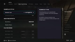 Game Type Settings screen from FC 26, wherein the Gameplay Type setting is selected and set to Authentic, alongside the description.