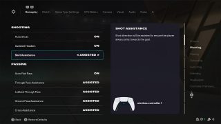 Gameplay Settings screen from FC 26, wherein the Shot Assistance setting is selected and set to "Assisted" alongside a description.