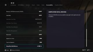 Accessibility Settings screen from FC 26, wherein the Simplified Skill Moves setting is selected and toggled on, alongside a description.