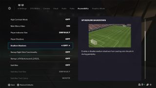 Accessibility Settings screen from FC 26, where the Stadium Shadows setting is selected and toggled off, alongside a preview.