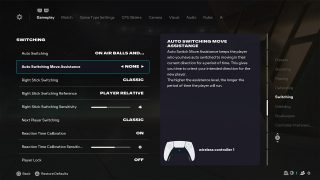 Gameplay Settings screen from FC 26, wherein the Auto Switching Move Assistance setting is selected and set to "None" alongside a description.