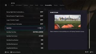 Accessibility Settings screen from FC 26, where the Subtitles setting is selected and toggled on, alongside a preview.