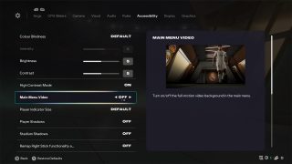 Accessibility Settings screen from FC 26, where the Main Menu Video setting is selected and toggled off, alongside a preview.