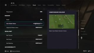 Visual Settings screen from FC 26, where the User Radar Colour setting is selected and set to Default.