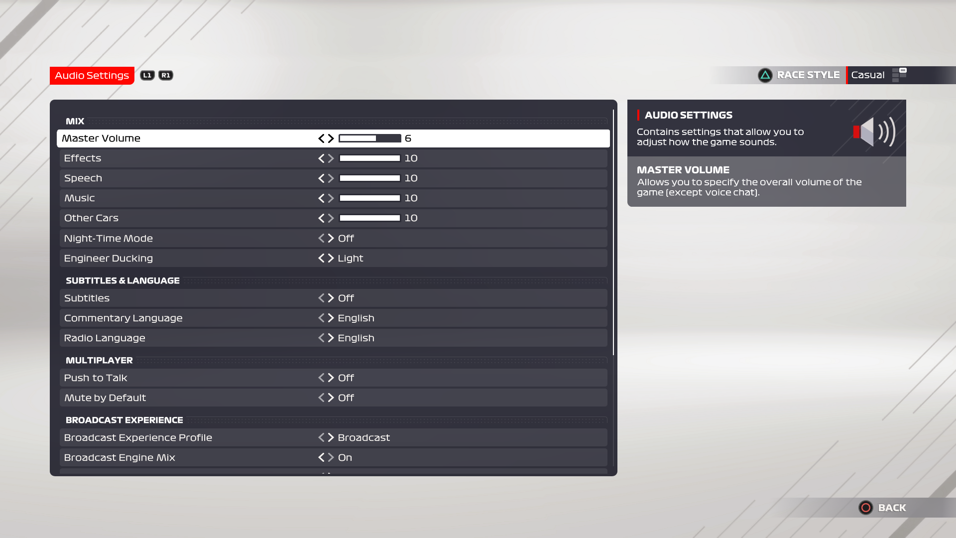 Listing settings. Audio Multiplayer.