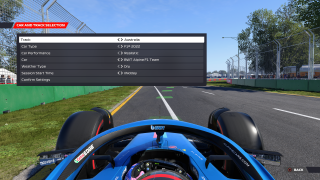 This image shows the Car and Track Selection menu options below.