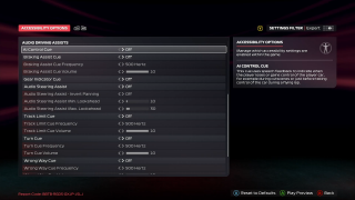 Screenshot from F1 25 Accessibility Options menu featuring Audio Driving Assists options