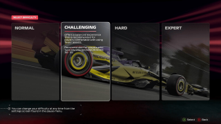 Screenshot from F1 25 featuring game difficulty options: Normal, Challenging, Hard, and Expert