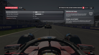 Screenshot from F1 25 graphic settings menu featuring gamma adjustment, motion blur strength, steering animation, and graphics priority