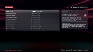 Screenshot from F1 25 showing Calibration settings for steering, throttle and brake