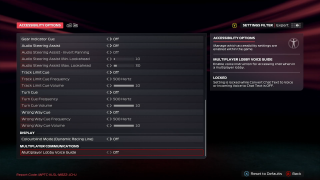 Screenshot from F1 25 Accessibility Options menu featuring Multiplayer Lobby Voice Guide option