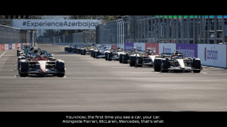 Screenshot from F1 25 showing subtitles switched on in a cut scene