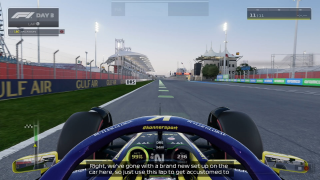 Screenshot from F1 25 showing subtitles in game with some transparency