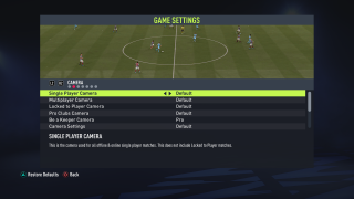 The picture shows the Camera Game Settings listed below.