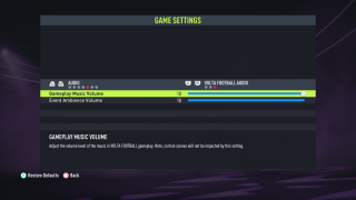 The picture shows the game settings for VOLTA FOOTBALL Audio listed below.