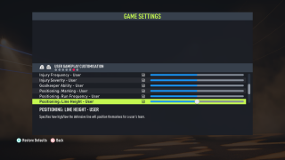 The picture shows the User Player Customization Game Settings listed below.