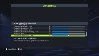 The picture shows the User Player Customization Game Settings listed below.