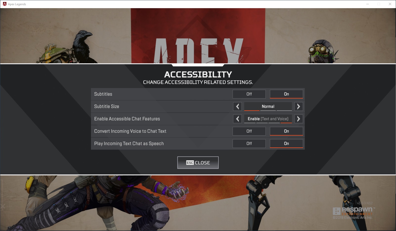 Apex Legends Accessibility menu with subtitle, communication and visibility options.