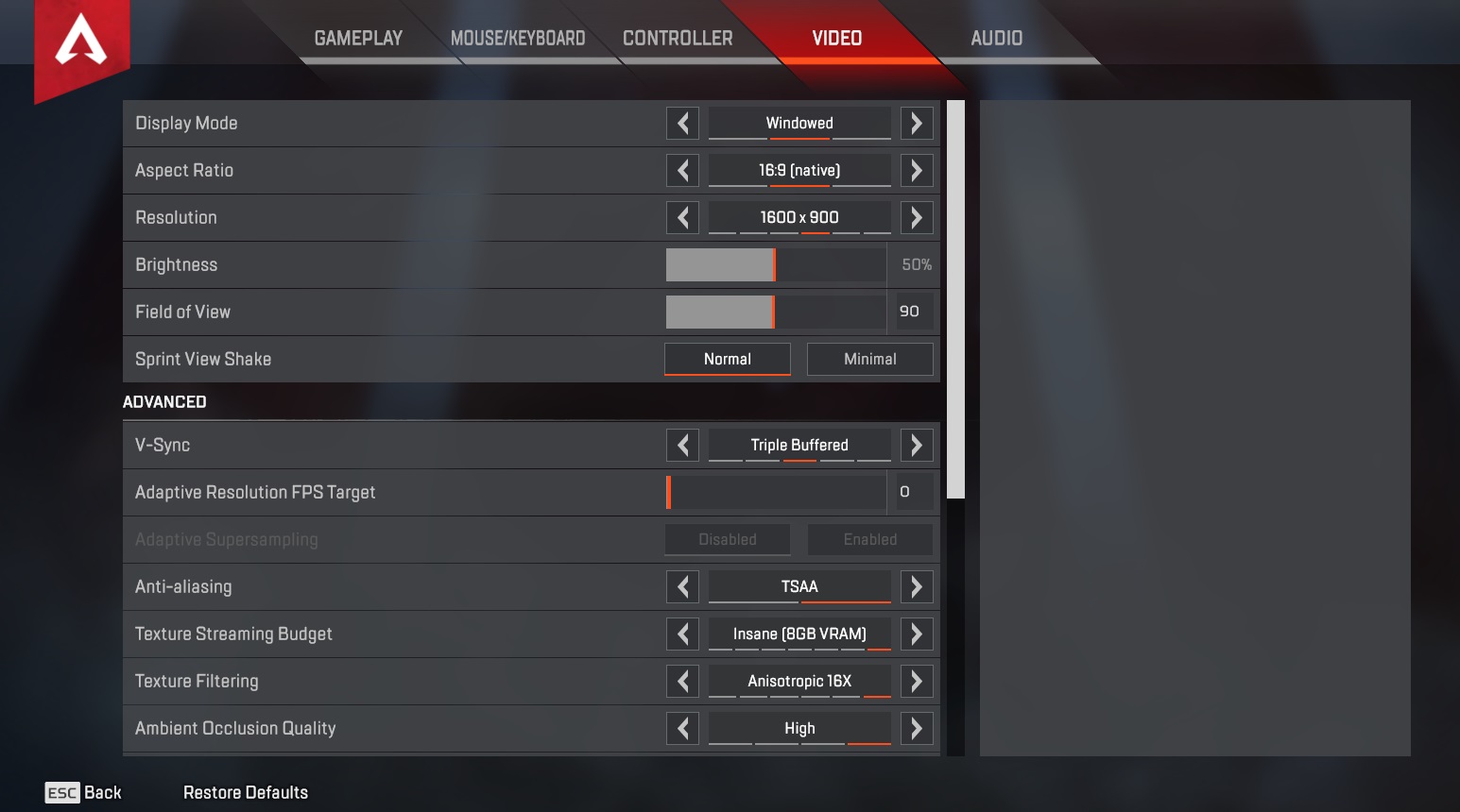 Apex Legends PC Video settings tab with display mode, resolution, brightness and field of view.