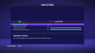 The picture shows the game settings for VOLTA FOOTBALL Audio listed below. 