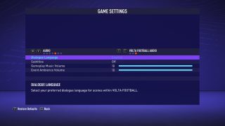 The picture shows the game settings for VOLTA FOOTBALL Audio listed below.