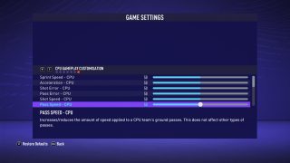 The picture shows the CPU Player Customization Game Settings listed below.