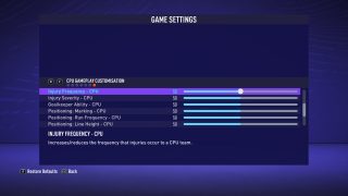 The picture shows the CPU Player Customization Game Settings listed below.