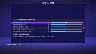 The picture shows the User Player Customisation Game Settings listed below.