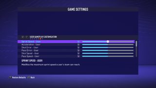The picture shows the User Player Customisation Game Settings listed below.