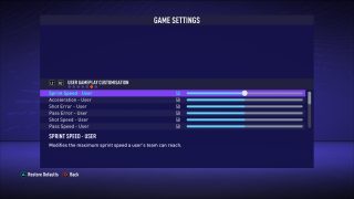 The picture shows the User Player Customisation Game Settings listed below.