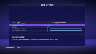 The picture shows the game settings for VOLTA FOOTBALL Audio listed below. 