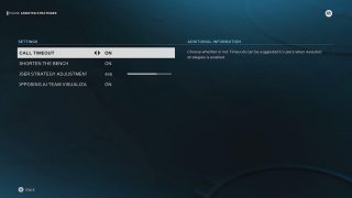 The "Assisted Strategies" menu in a hockey video game. "Call Timeout" is highlighted and set to "ON," with other options below it.