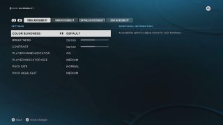 The "Visual Accessibility" settings menu. The "Color Blindness" option is highlighted and set to "Default."