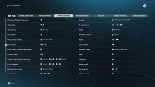 A list of offense controls in the settings menu, showing button combinations for actions like "Slap Shot," "Wrist Shot," and "Pass."