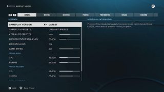The "Gameplay Sliders" menu, allowing adjustment of settings like "Game Speed," "Attribute Effects," and "Broken Stick Frequency."