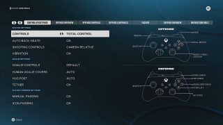 The "Controller Settings" menu with the "Total Control" preset selected, showing button mappings for offense and defense on an Xbox controller.