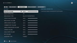 The "Audio Accessibility" menu, showing a list of sliders to adjust different volume levels, such as master volume and commentary.