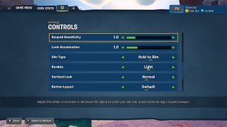 This picture shows the Control settings listed below.